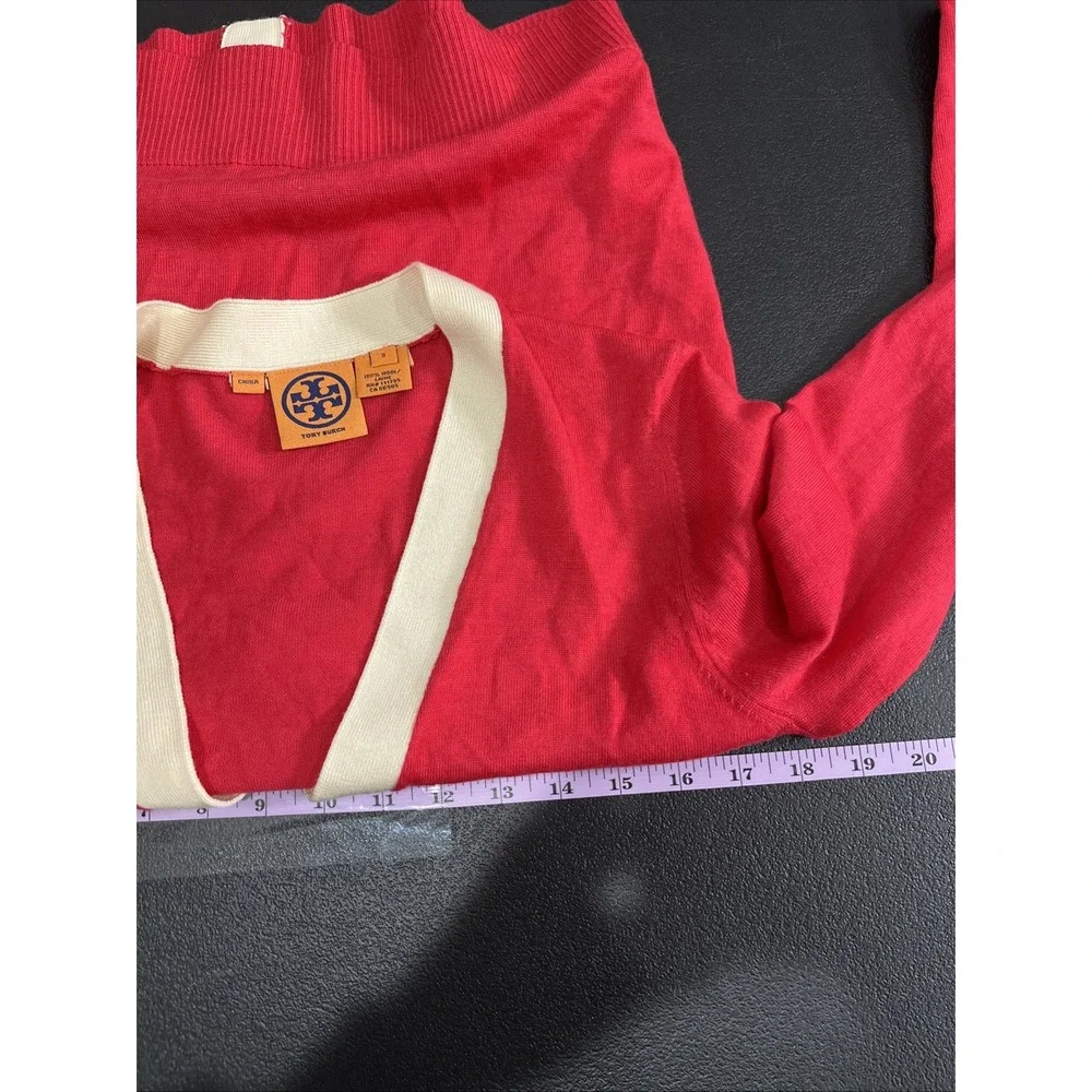 Tory Burch Cardigan Womens S Red Simone‎ Wool Contrast Trim V-Neck Logo Button